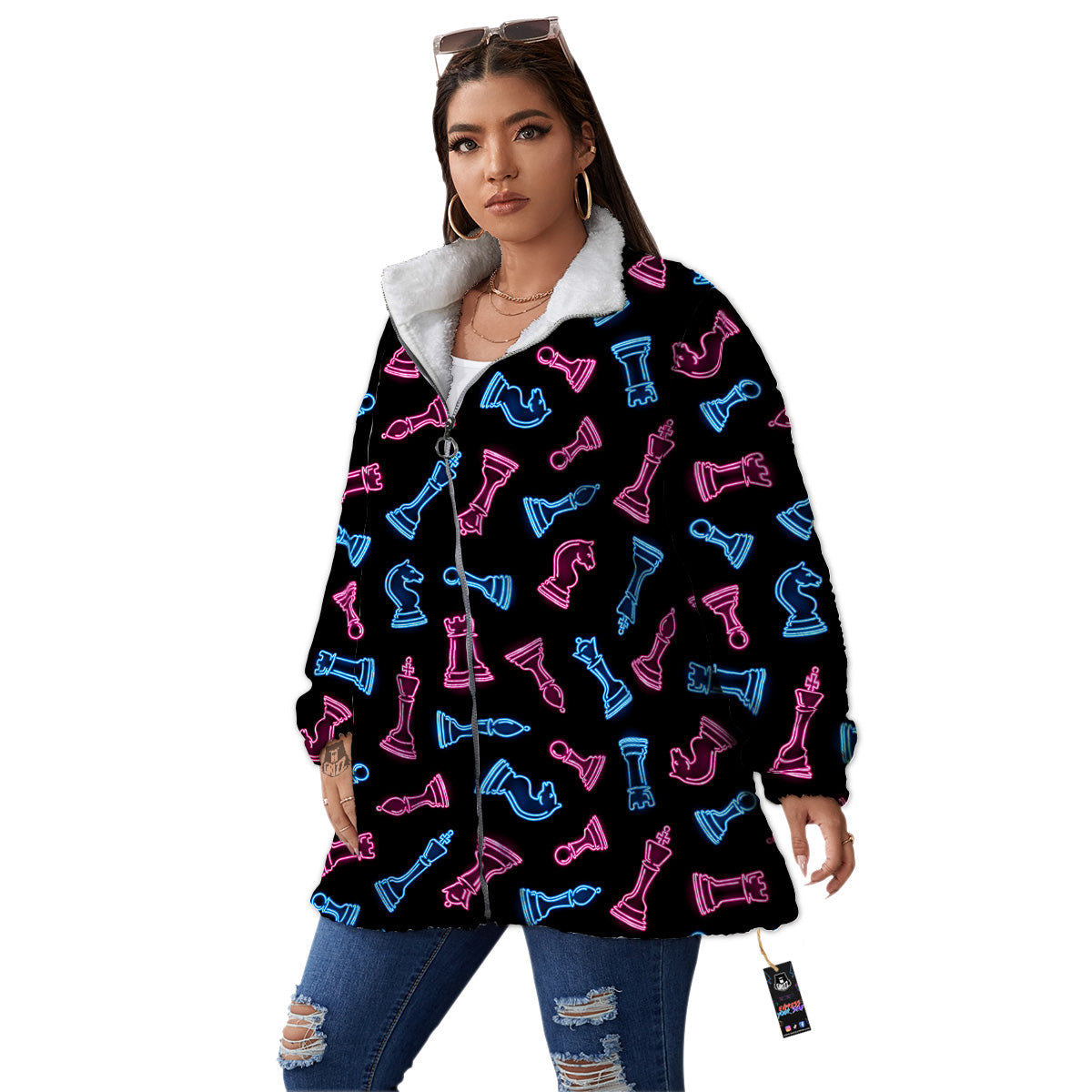 Neon Chess Pieces Print Pattern Women's Sherpa Jacket-grizzshop