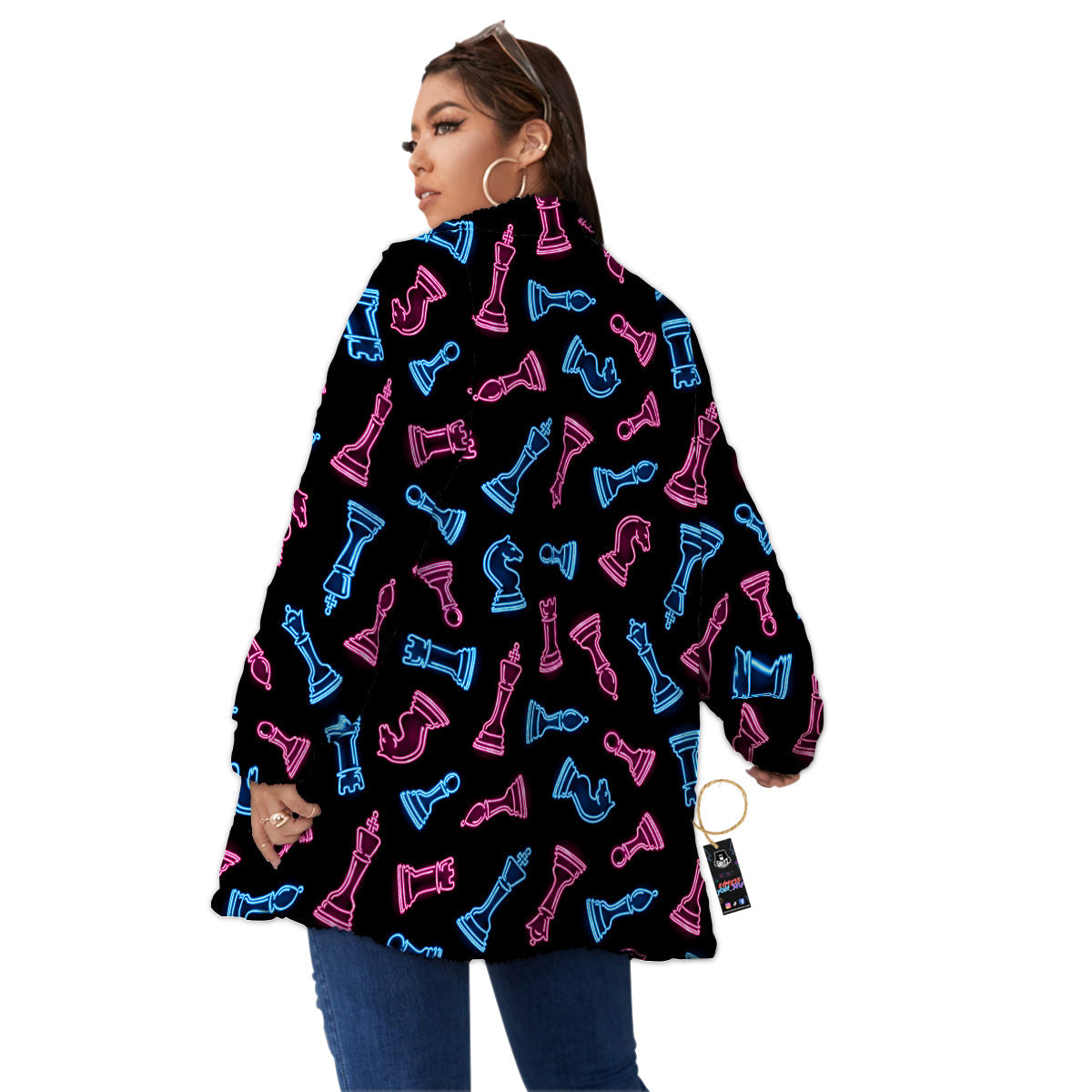 Neon Chess Pieces Print Pattern Women's Sherpa Jacket-grizzshop