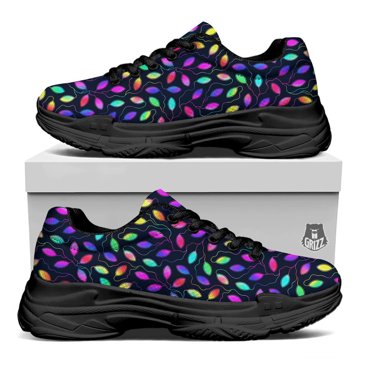 Neon Leaf Print Pattern Black Chunky Shoes-grizzshop
