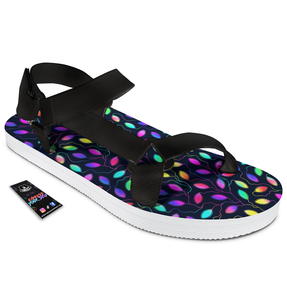 Neon Leaf Print Pattern Black Open Toe Sandals-grizzshop
