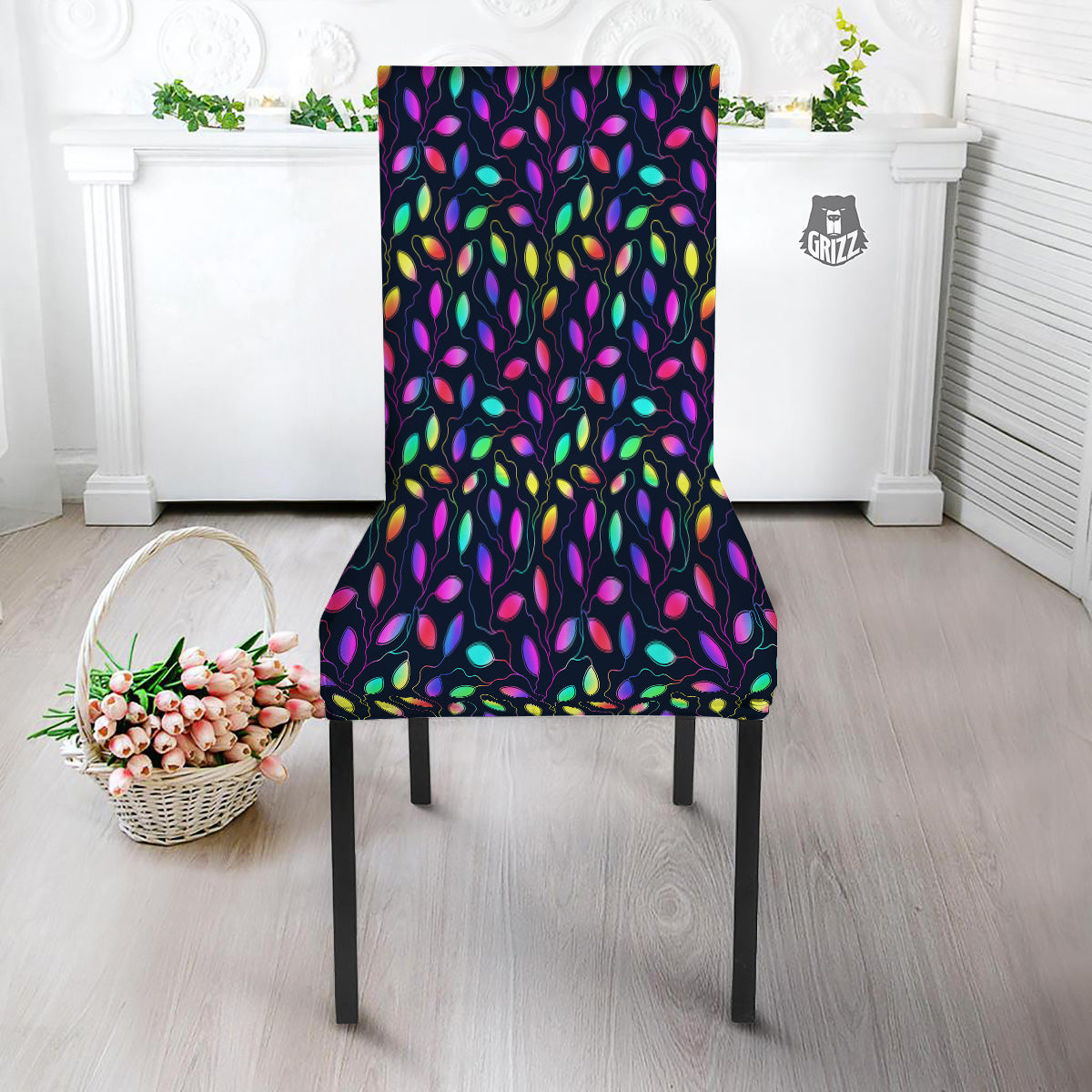 Neon Leaf Print Pattern Dining Chair Slipcover-grizzshop