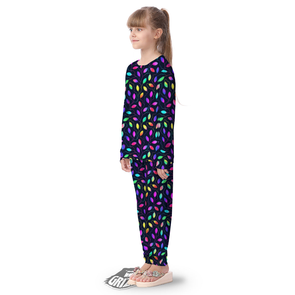 Neon Leaf Print Pattern Kid's Pajamas-grizzshop