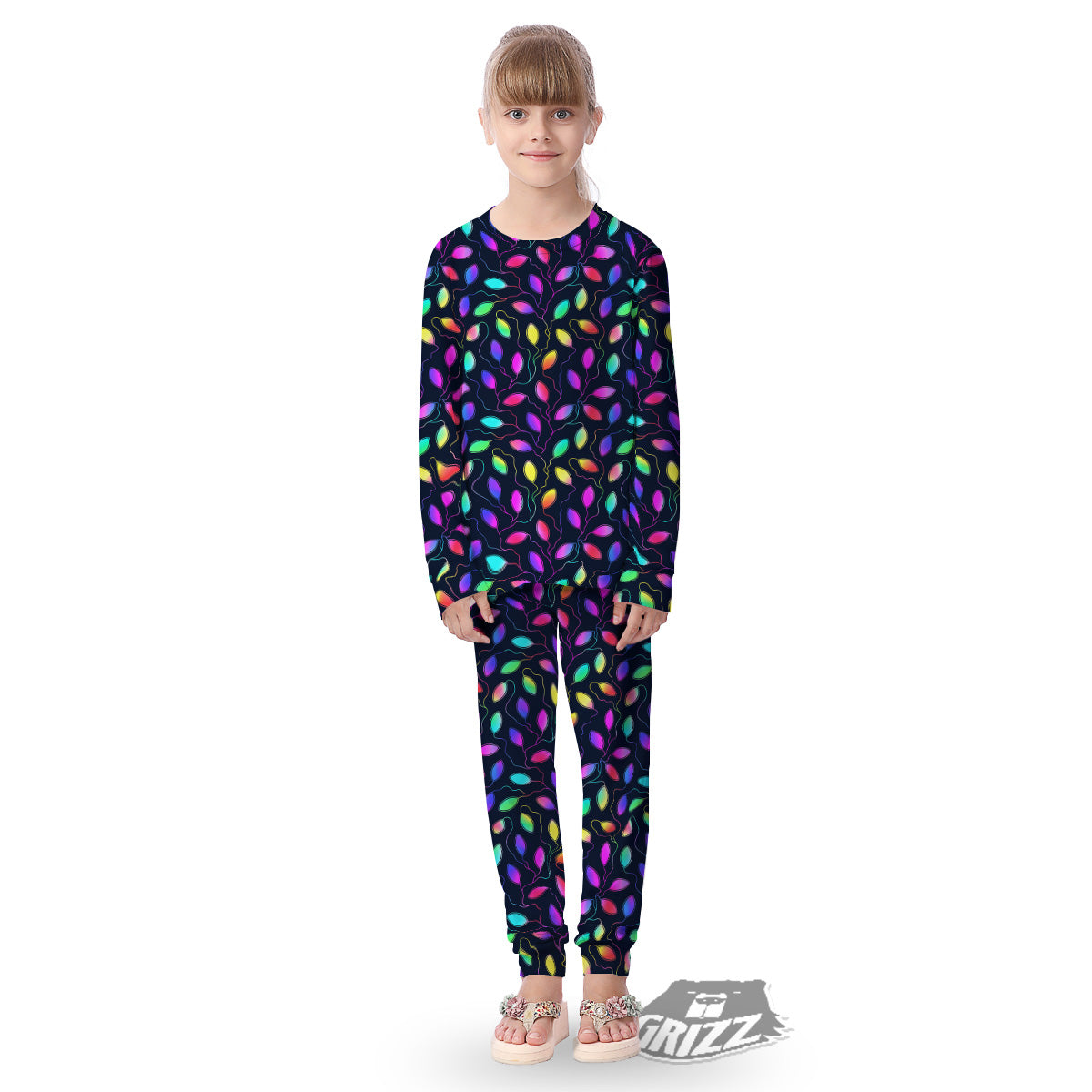 Neon Leaf Print Pattern Kid's Pajamas-grizzshop