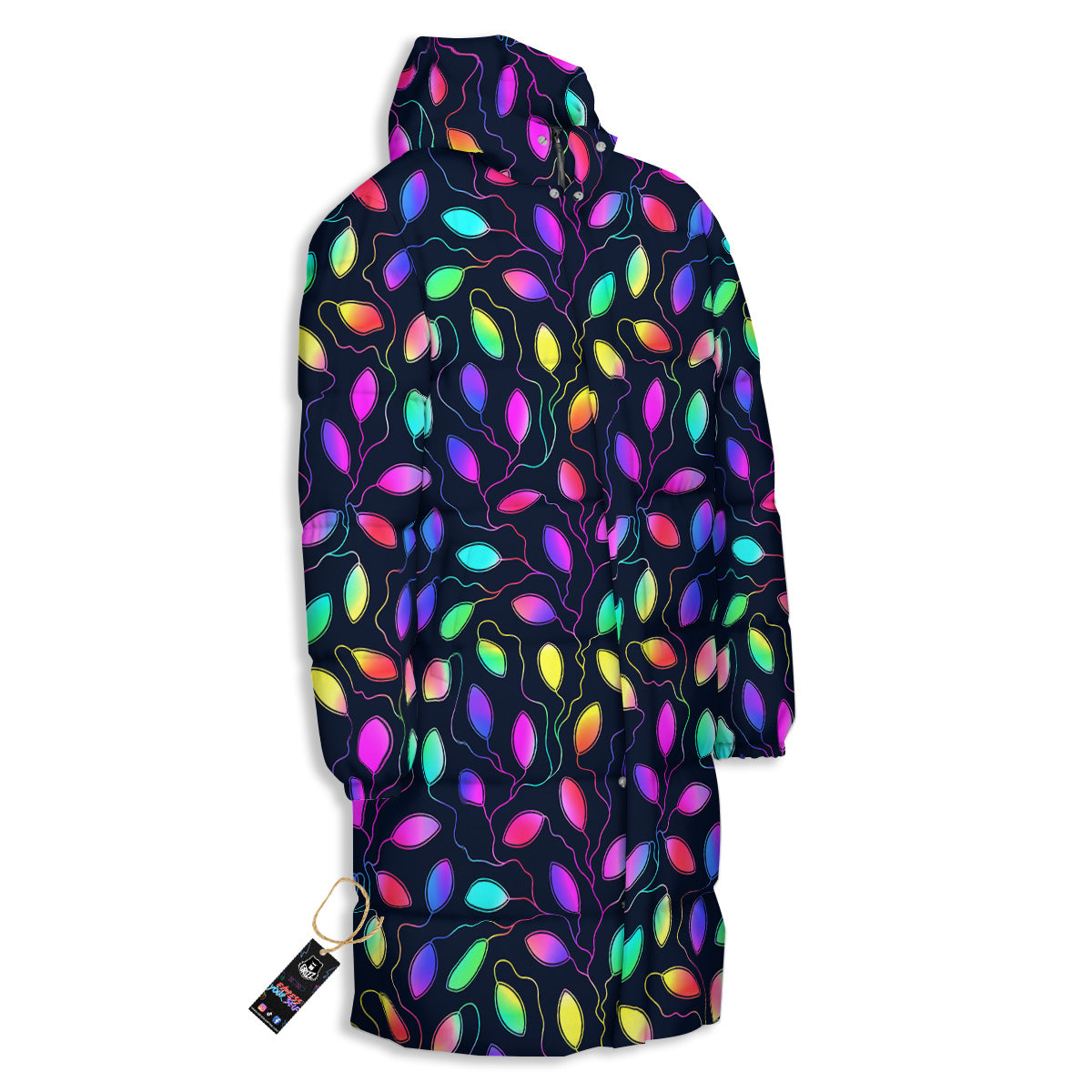 Neon Leaf Print Pattern Long Down Jacket-grizzshop