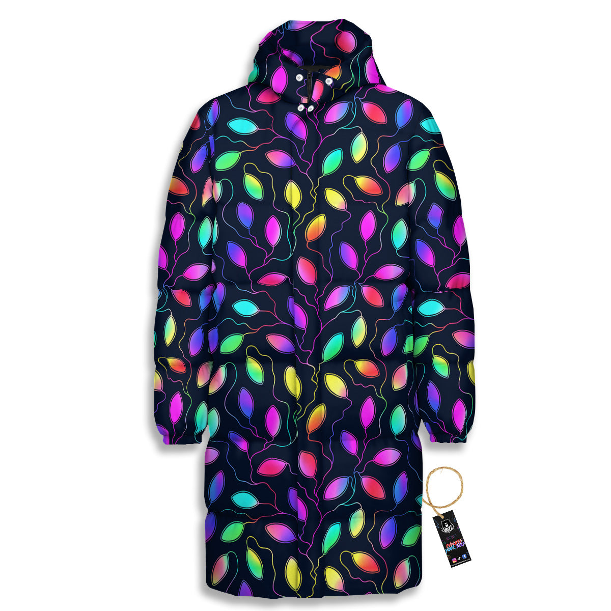 Neon Leaf Print Pattern Long Down Jacket-grizzshop