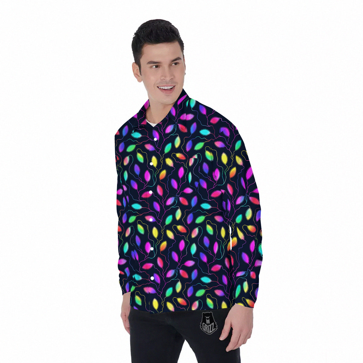 Neon Leaf Print Pattern Men's Long Sleeve Shirts-grizzshop