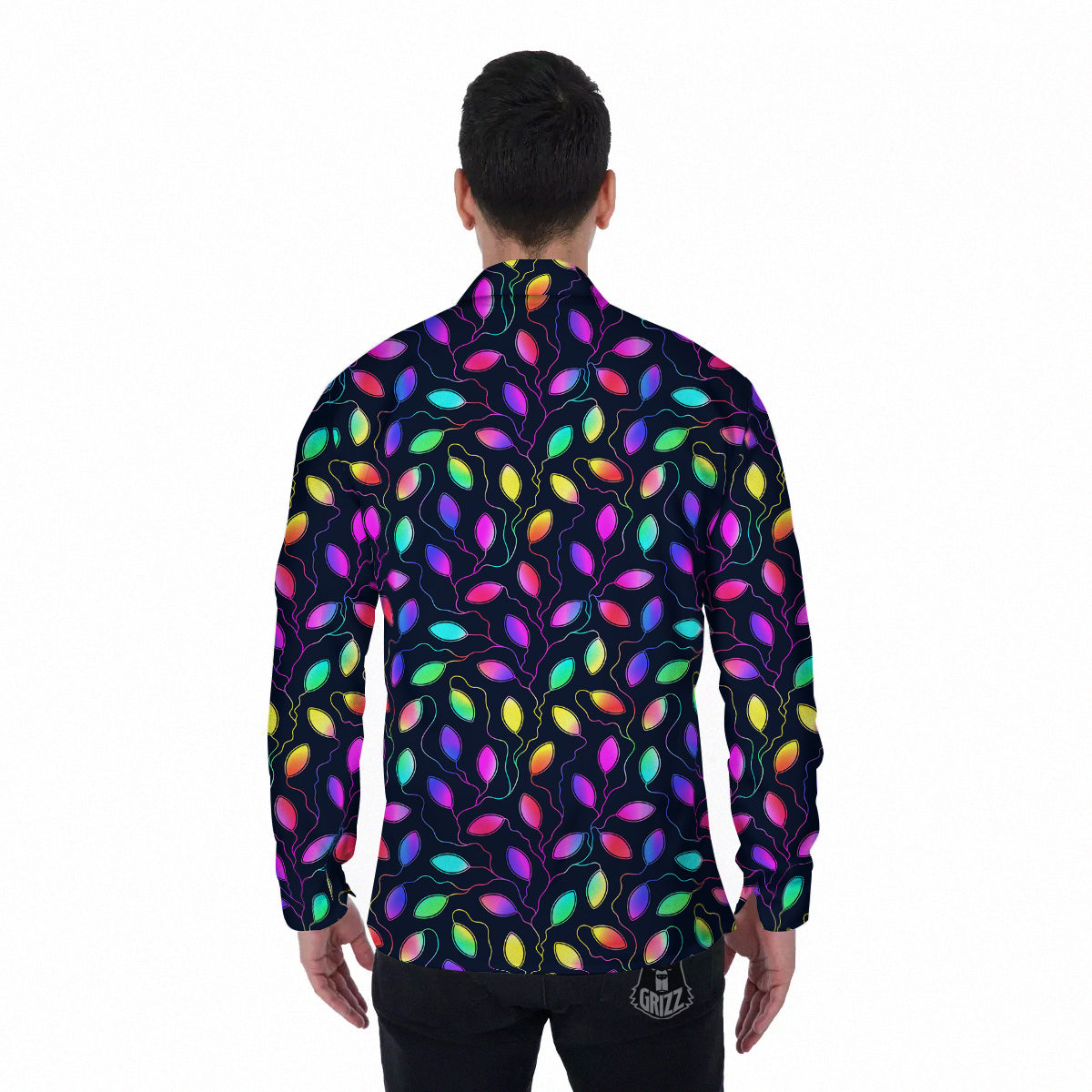 Neon Leaf Print Pattern Men's Long Sleeve Shirts-grizzshop