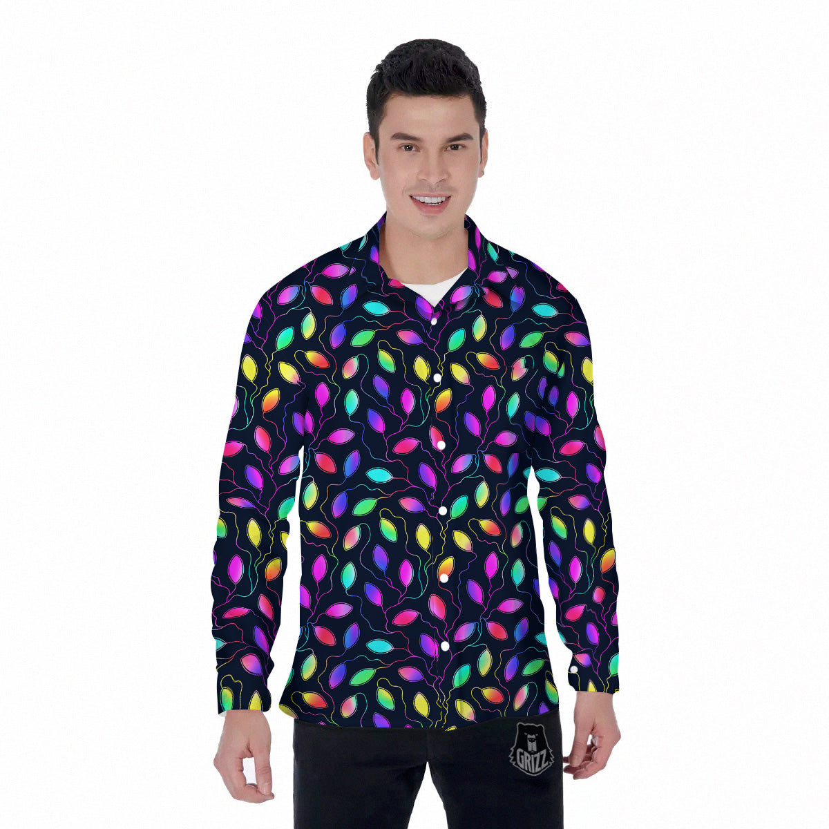 Neon Leaf Print Pattern Men's Long Sleeve Shirts-grizzshop