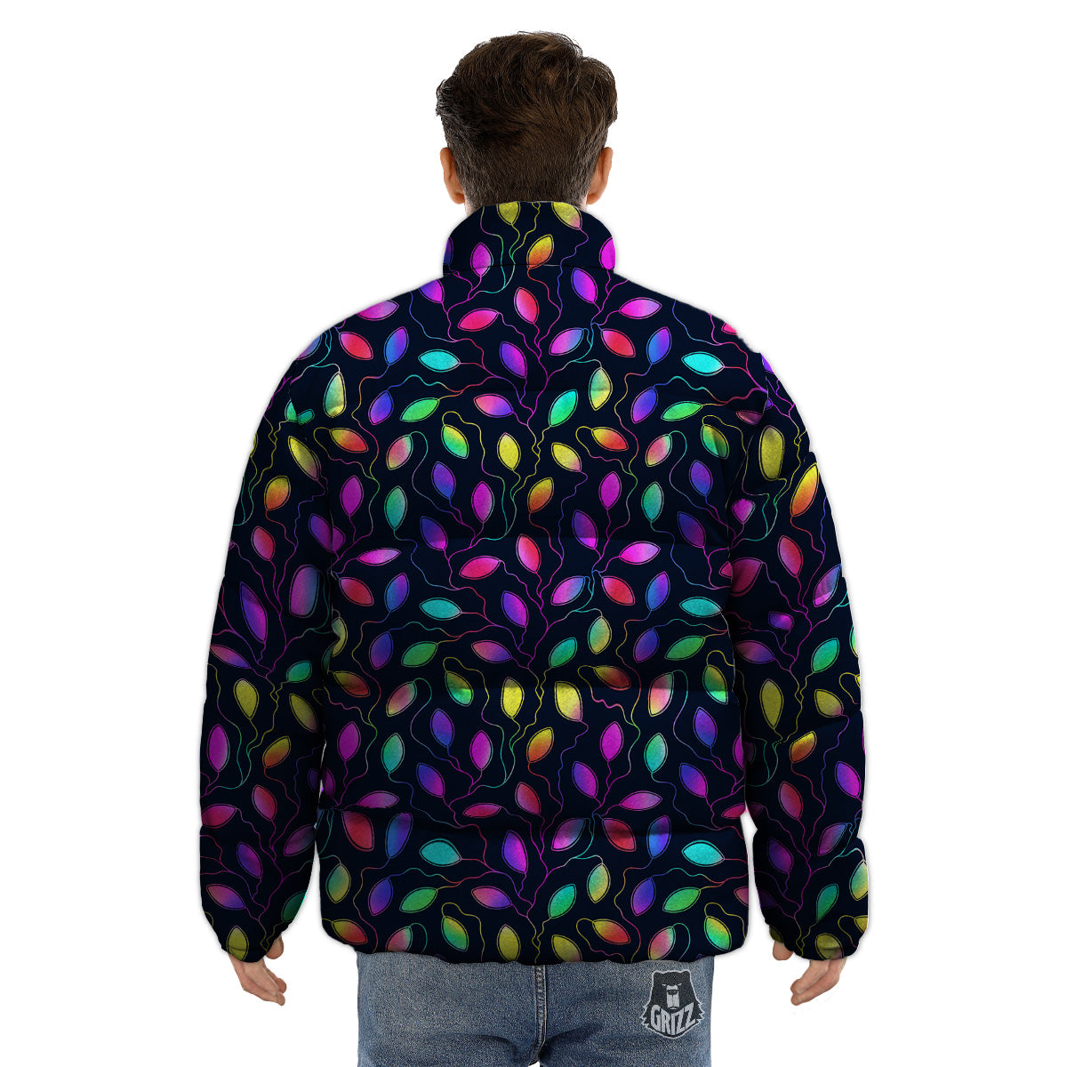 Neon Leaf Print Pattern Puffer Jacket-grizzshop