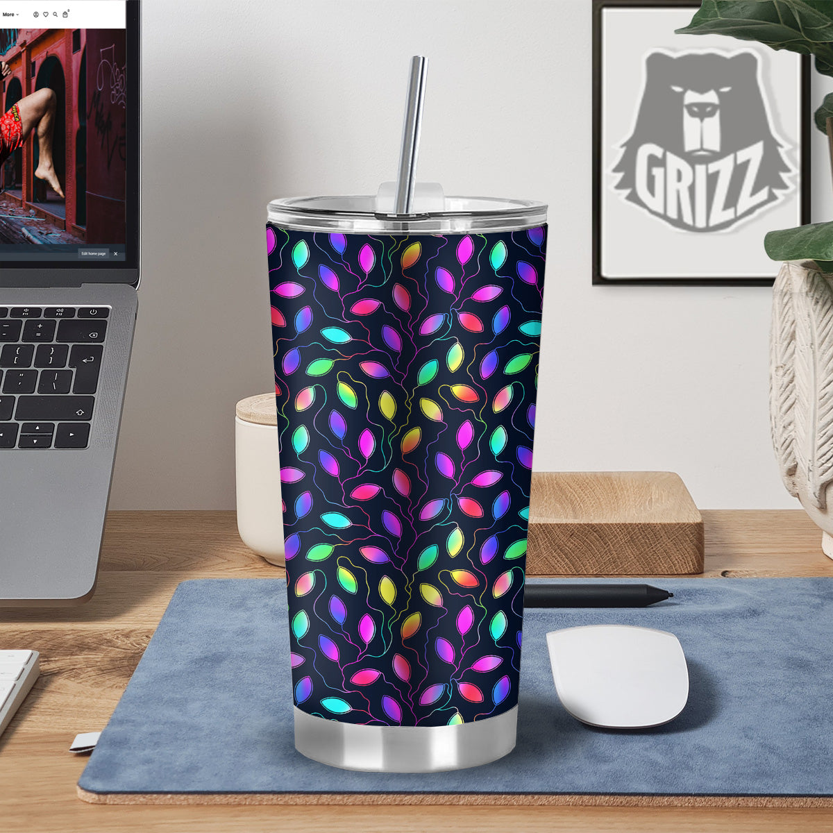 Neon Leaf Print Pattern Tumbler-grizzshop