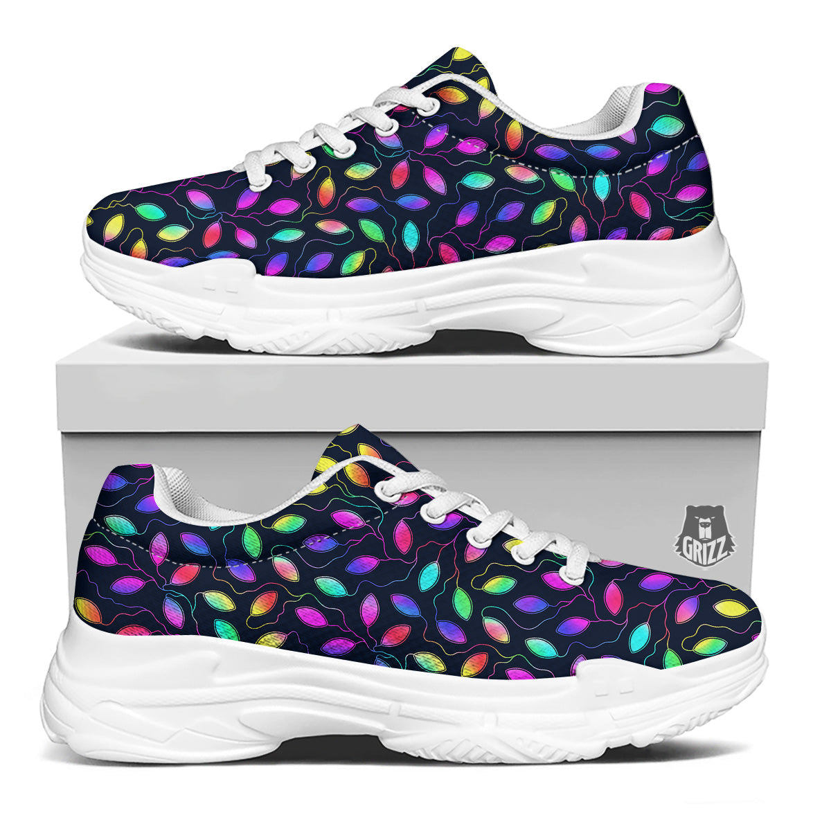 Neon Leaf Print Pattern White Chunky Shoes-grizzshop