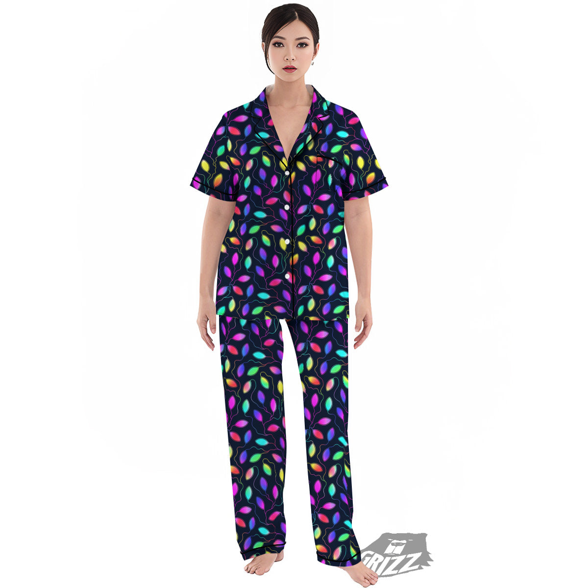 Neon Leaf Print Pattern Women's Pajamas Set-grizzshop
