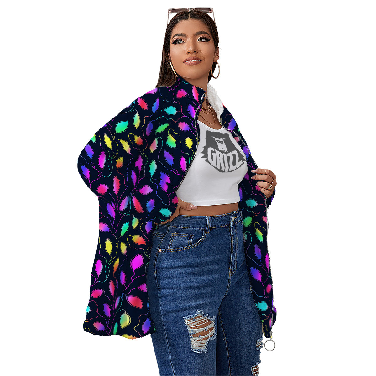 Neon Leaf Print Pattern Women's Sherpa Jacket-grizzshop