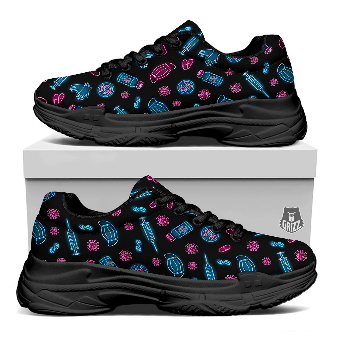 Neon Medical Equipment Print Pattern Black Chunky Shoes-grizzshop