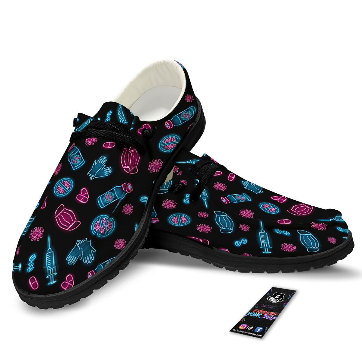 Neon Medical Equipment Print Pattern Black Loafers-grizzshop