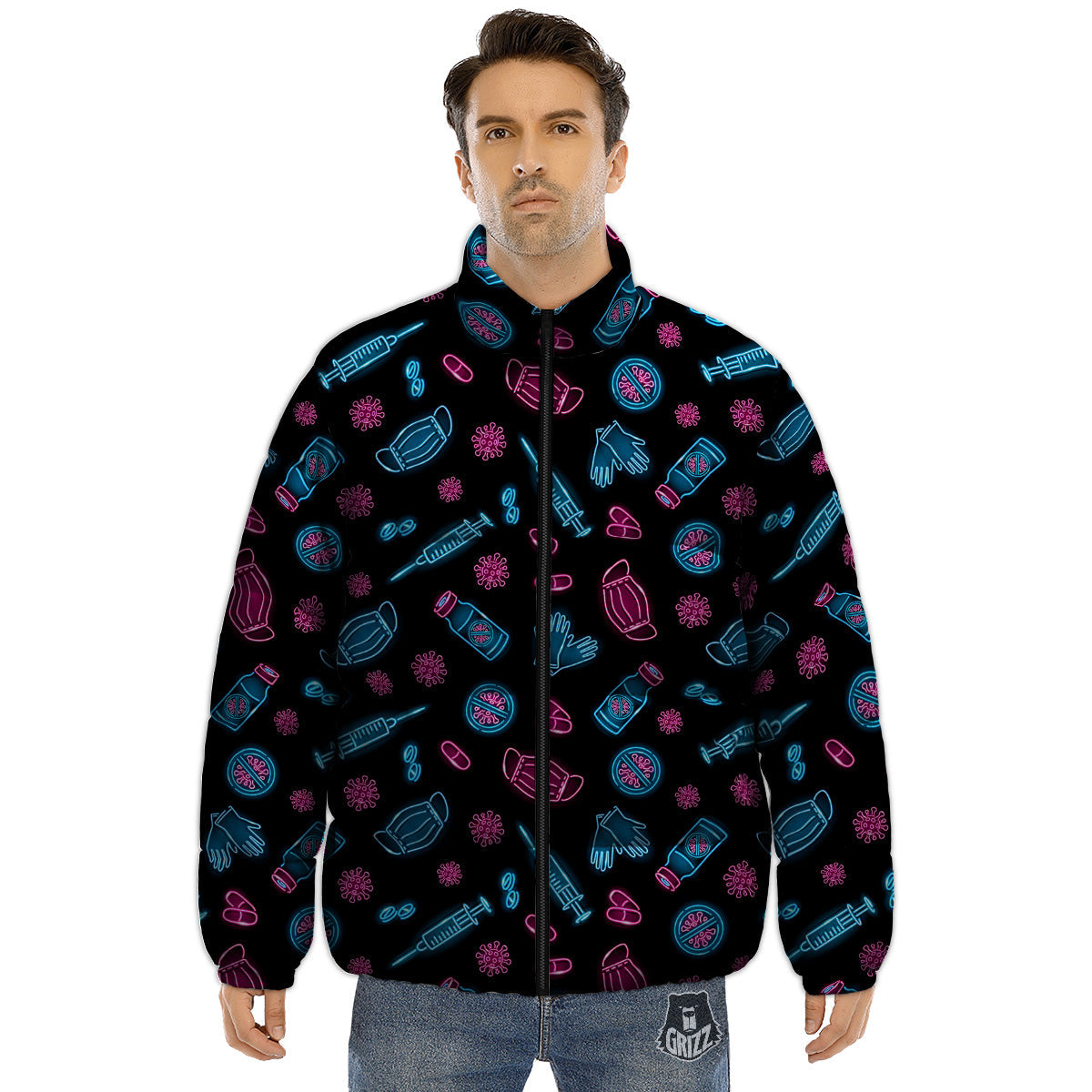 Neon Medical Equipment Print Pattern Puffer Jacket-grizzshop