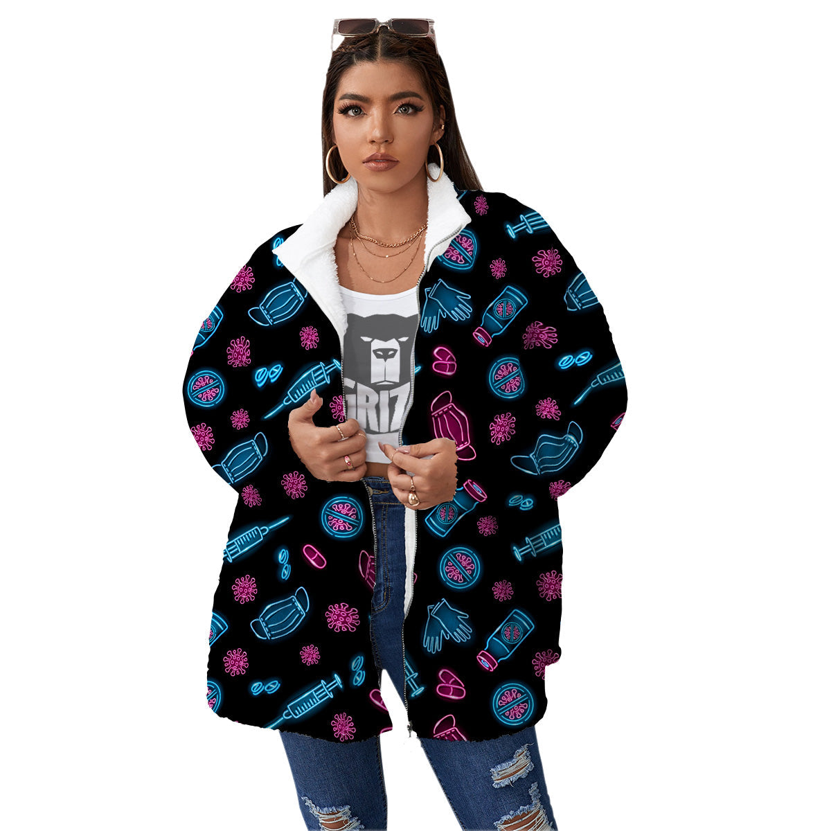 Neon Medical Equipment Print Pattern Women's Sherpa Jacket-grizzshop