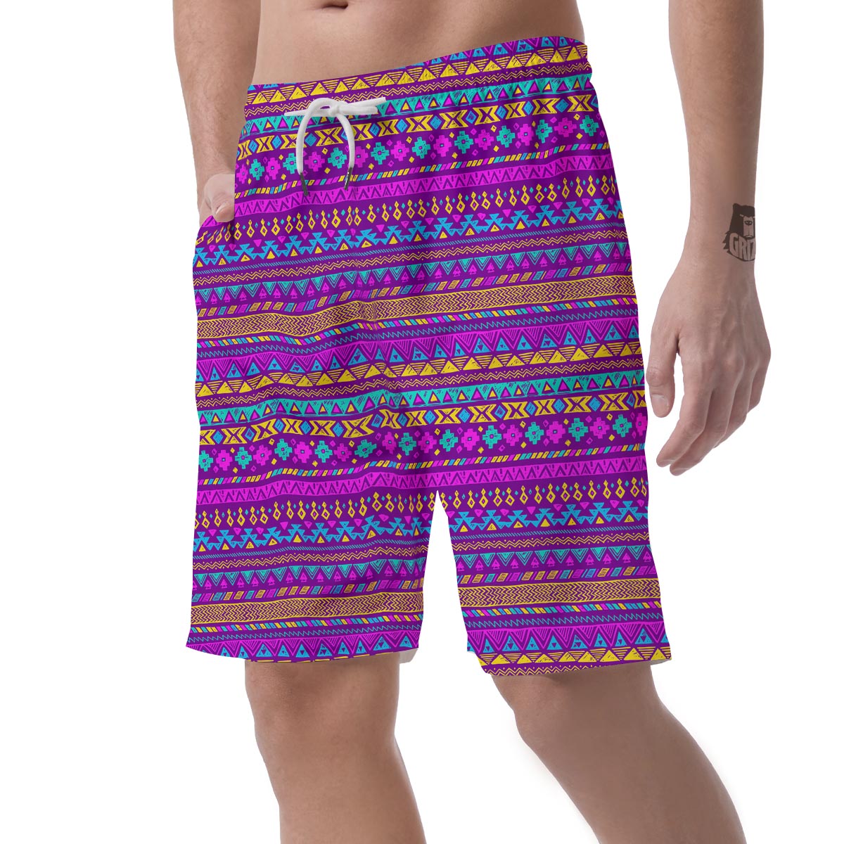 Neon Multicolor Ethic Aztec Doodle Print Men's Shorts-grizzshop