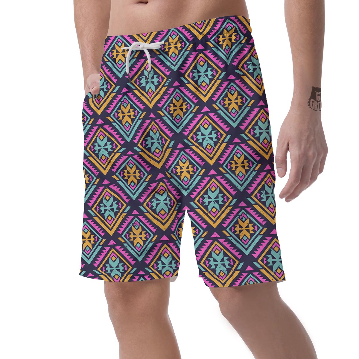 Neon Multicolor Ethic Aztec Grunge Print Men's Shorts-grizzshop