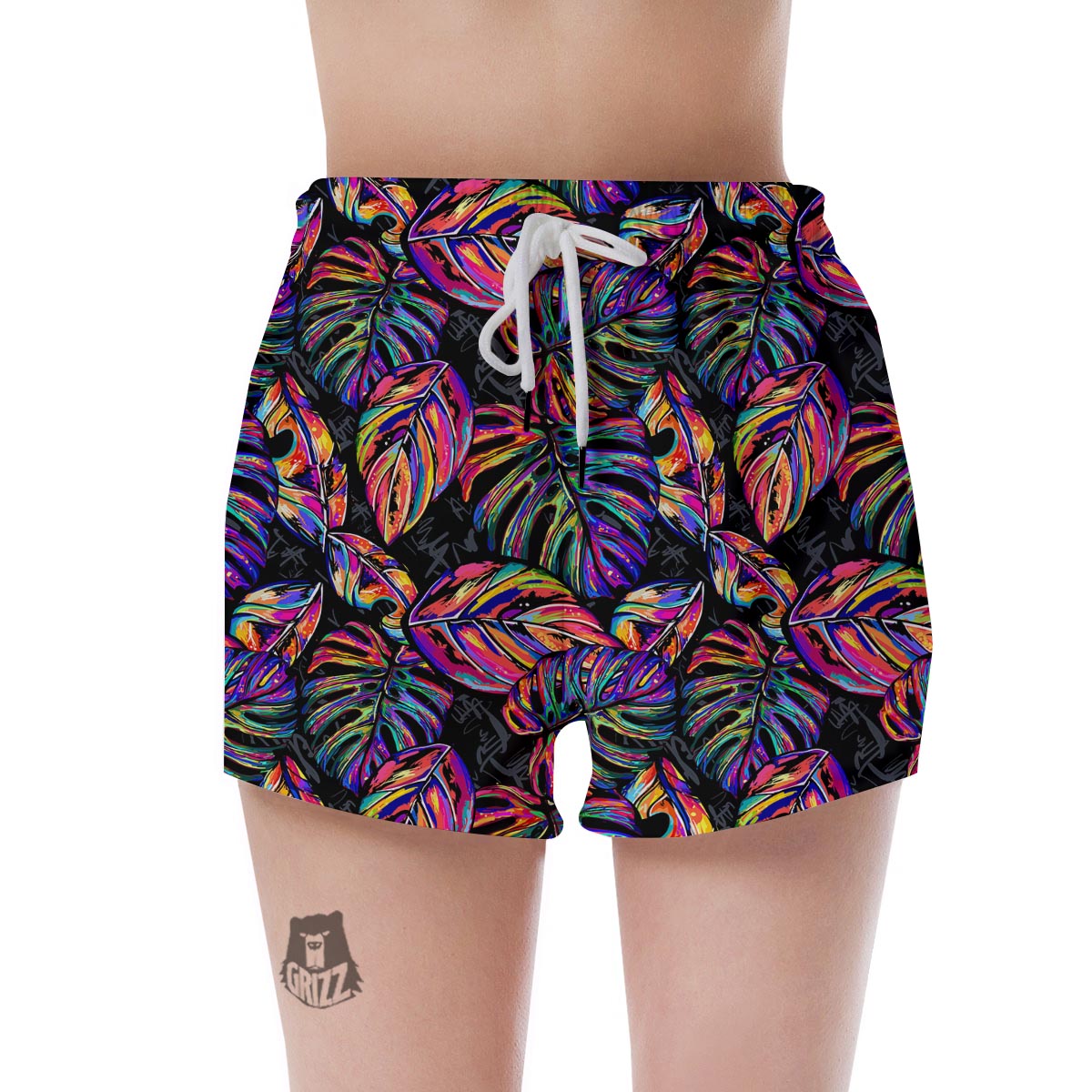 Neon Multicolor Palm Leaf Print Women's Shorts-grizzshop