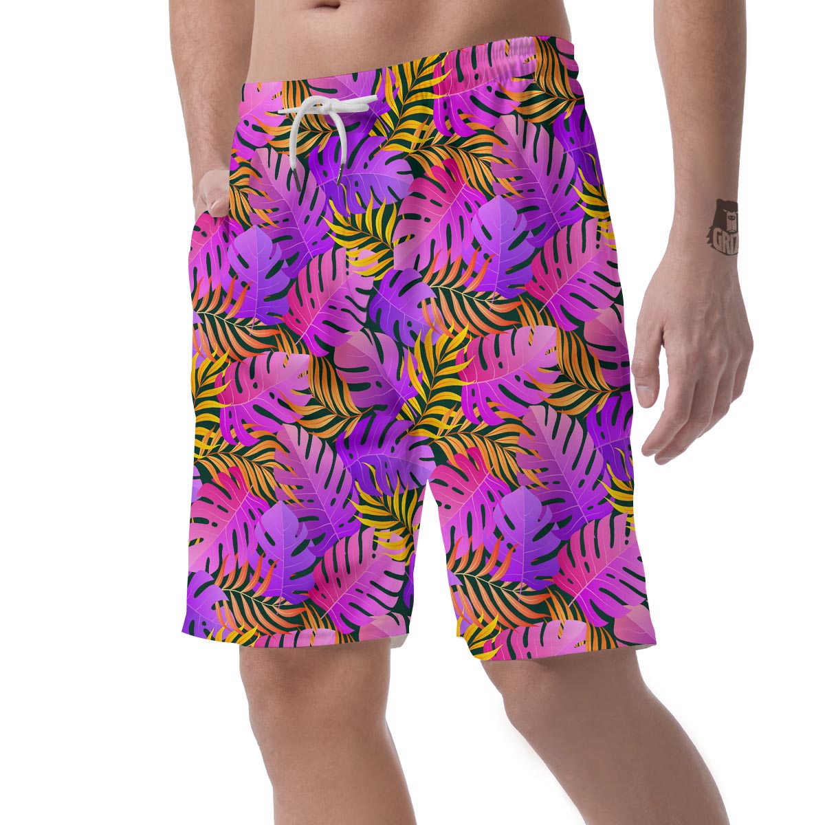 Neon Palm Leaf Edm Print Men's Shorts-grizzshop