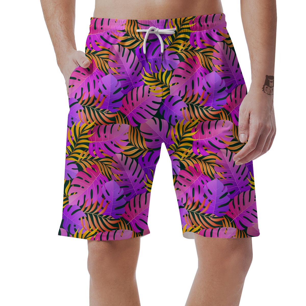 Neon Palm Leaf Edm Print Men's Shorts-grizzshop