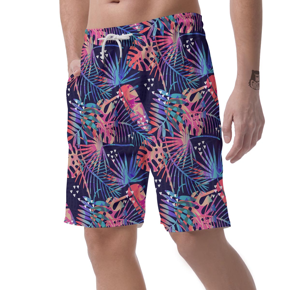 Neon Palm Leaf Hawaiian Print Men's Shorts-grizzshop