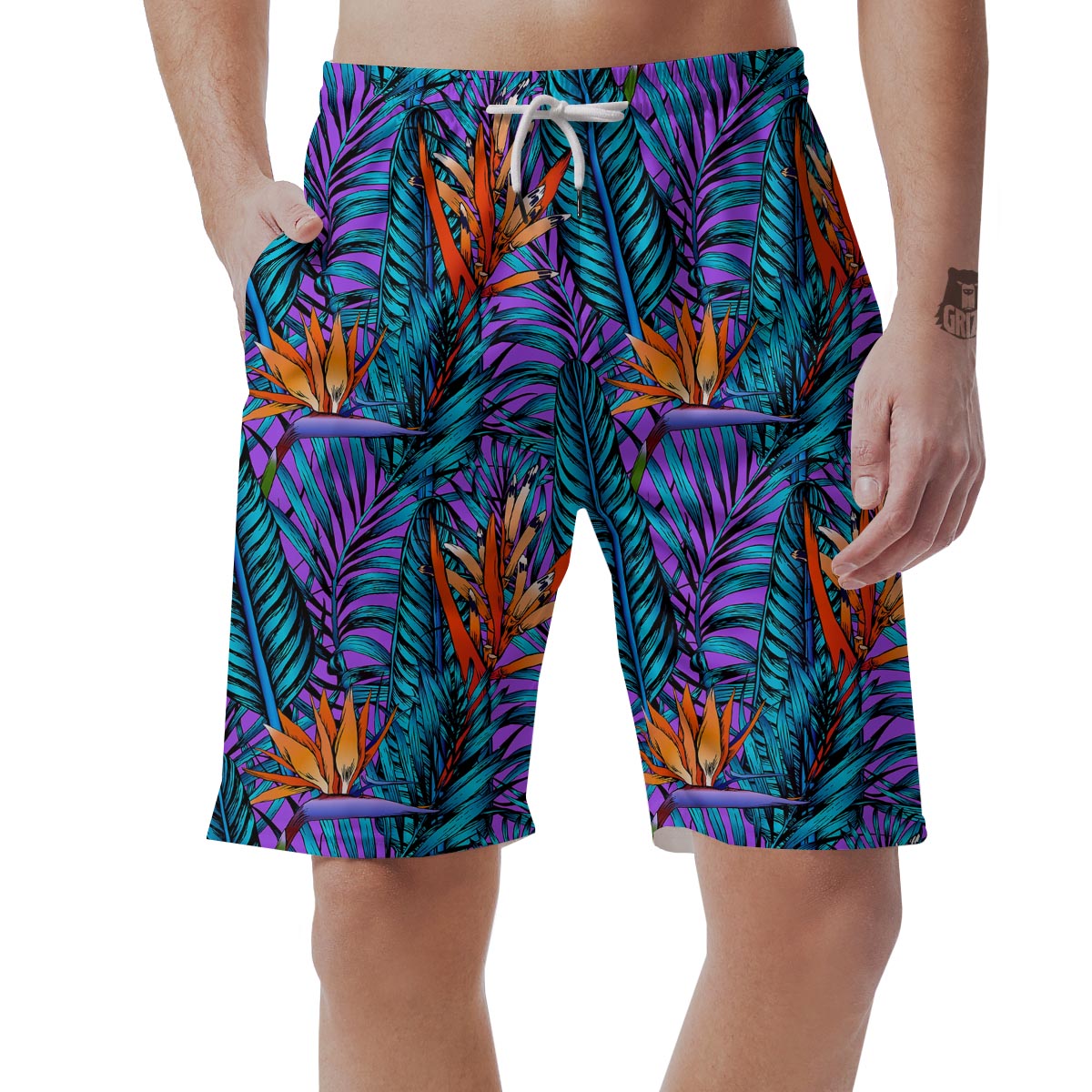 Neon Palm Leaf Tropical Print Men's Shorts-grizzshop