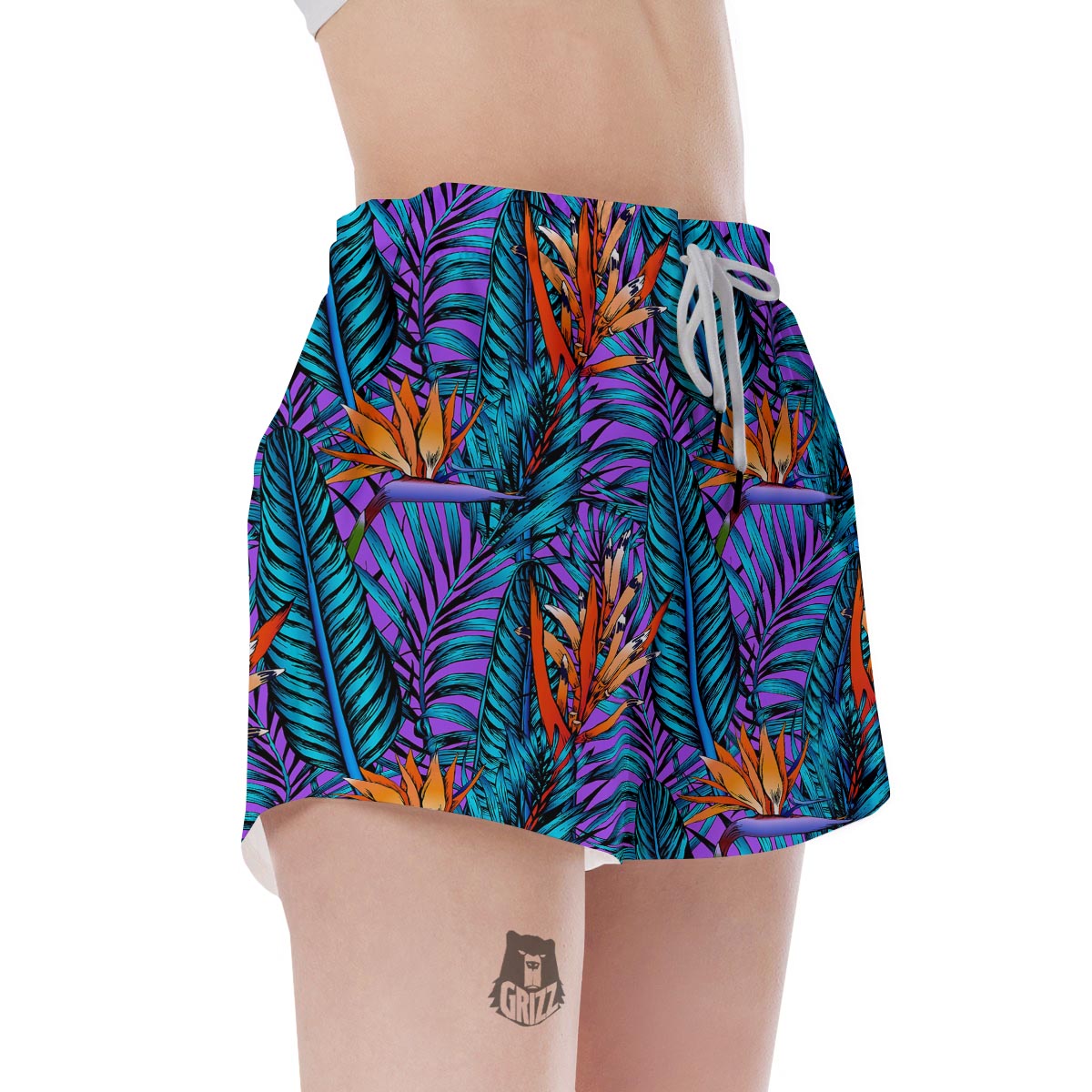 Neon Palm Leaf Tropical Print Women's Shorts-grizzshop