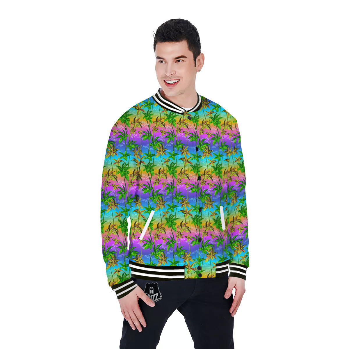 Neon Palm Tree Print Pattern Baseball Jacket-grizzshop