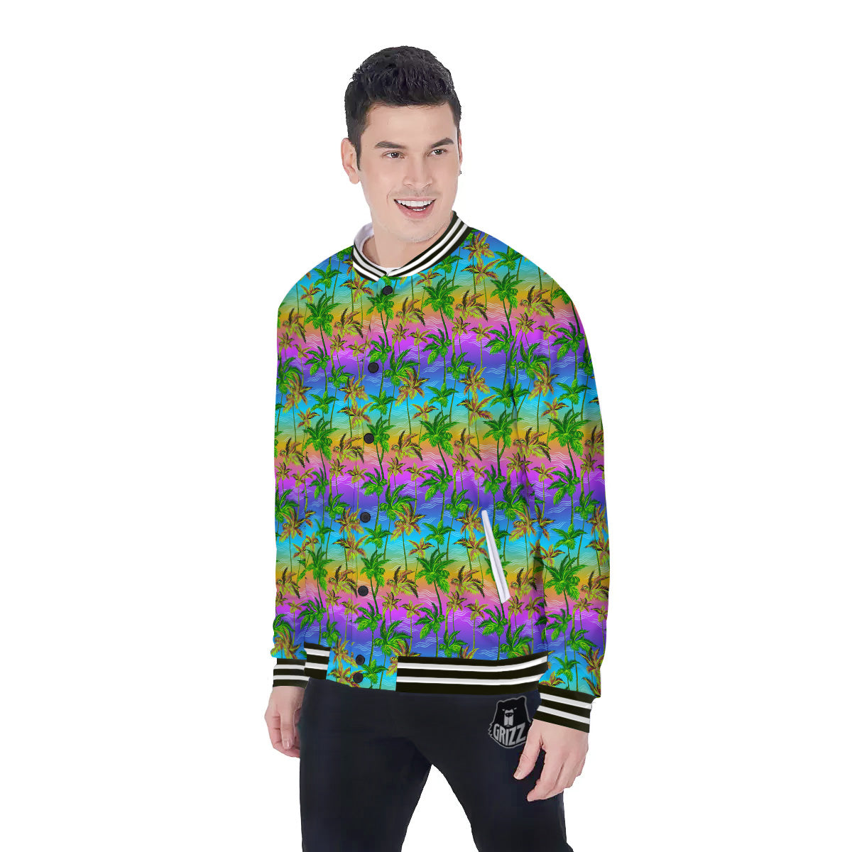 Neon Palm Tree Print Pattern Baseball Jacket-grizzshop