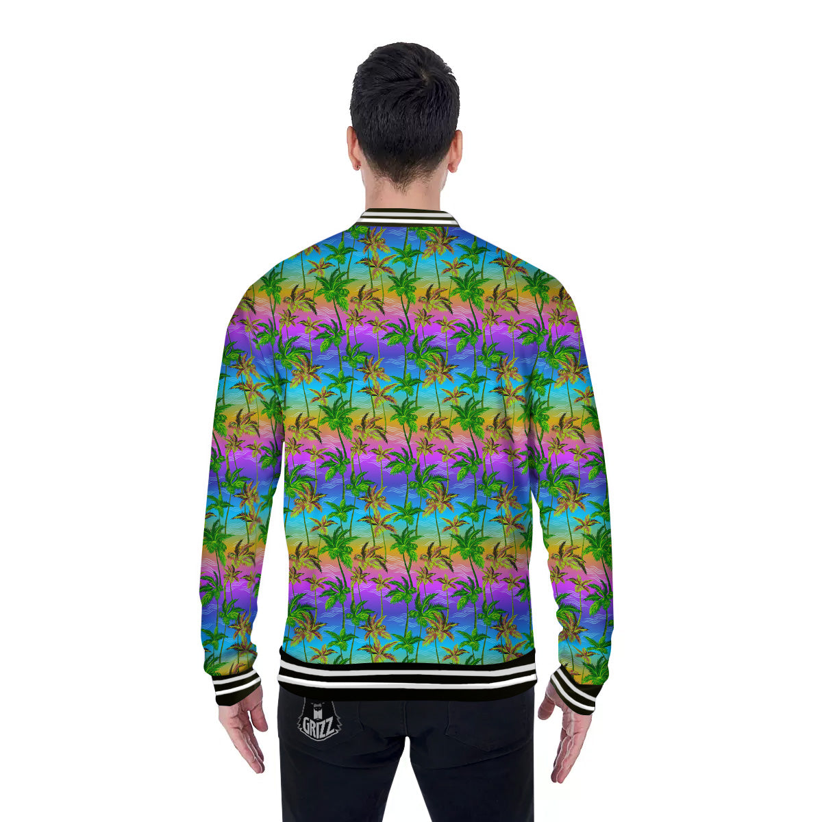 Neon Palm Tree Print Pattern Baseball Jacket-grizzshop