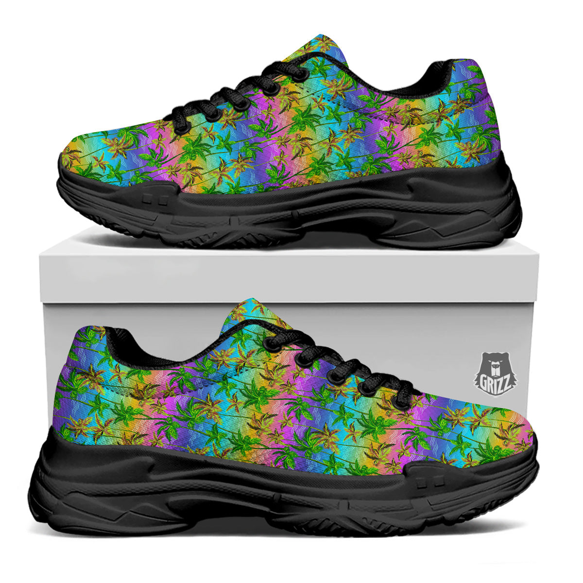 Neon Palm Tree Print Pattern Black Chunky Shoes-grizzshop