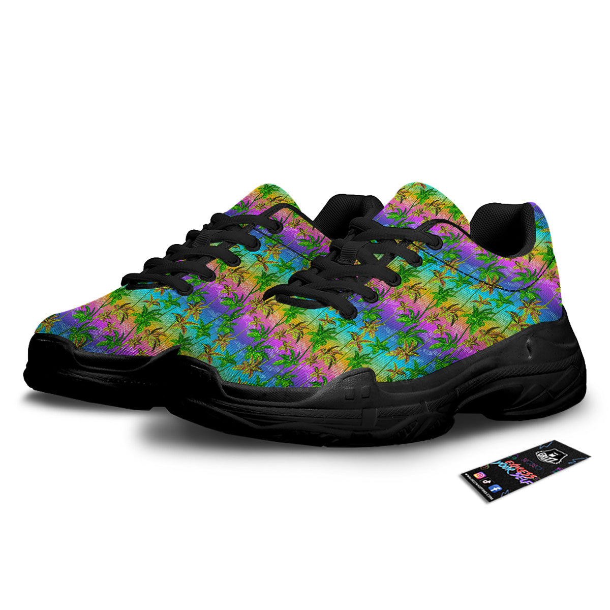 Neon Palm Tree Print Pattern Black Chunky Shoes-grizzshop