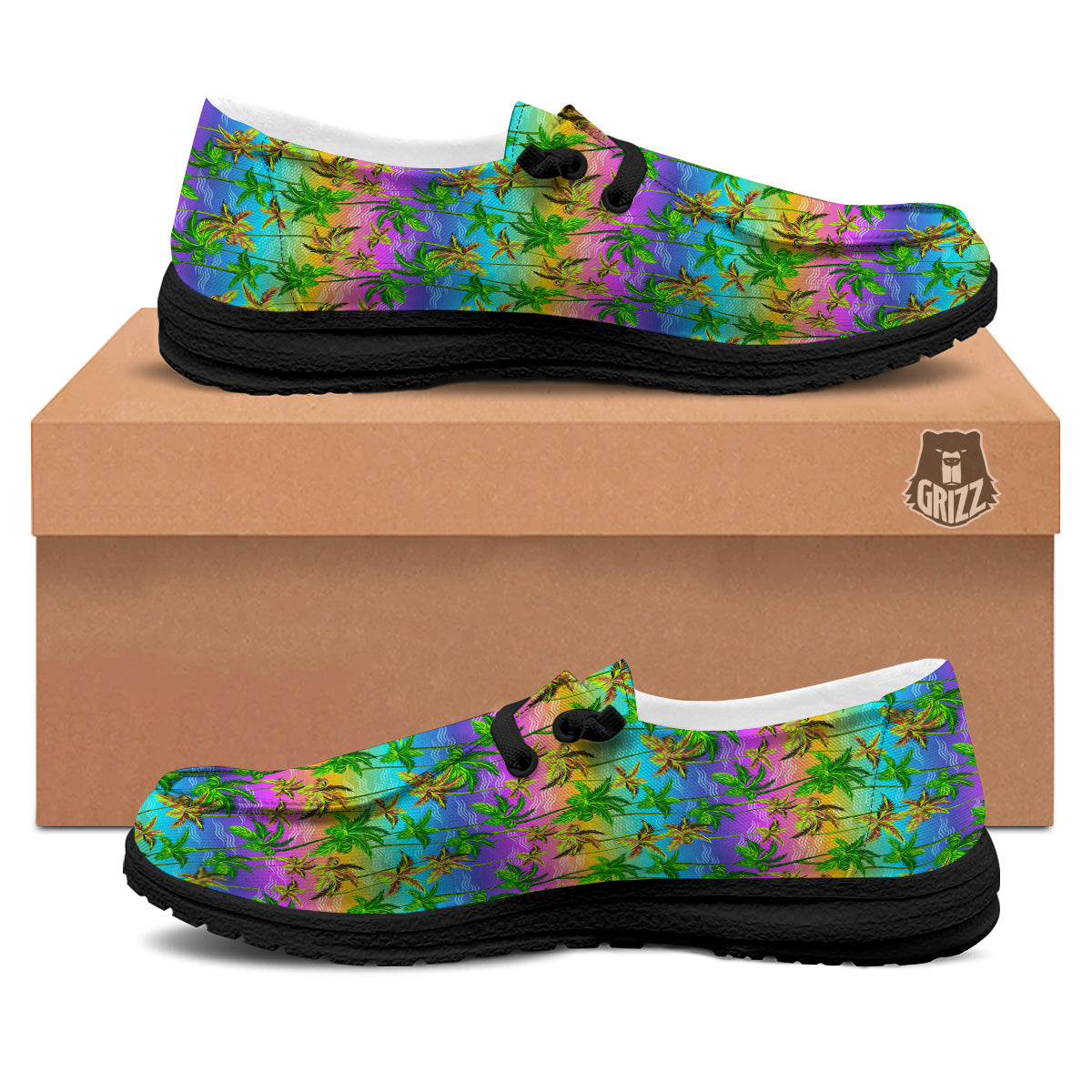 Neon Palm Tree Print Pattern Black Loafers-grizzshop
