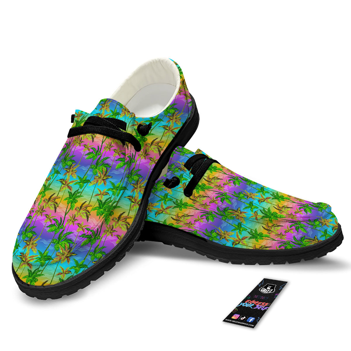 Neon Palm Tree Print Pattern Black Loafers-grizzshop