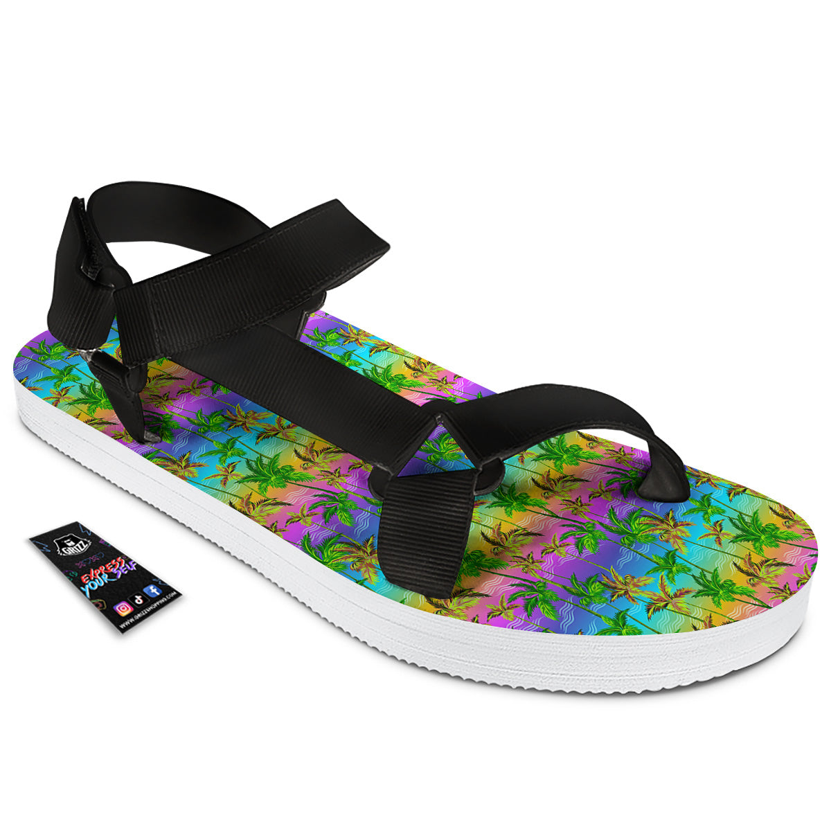 Neon Palm Tree Print Pattern Black Open Toe Sandals-grizzshop