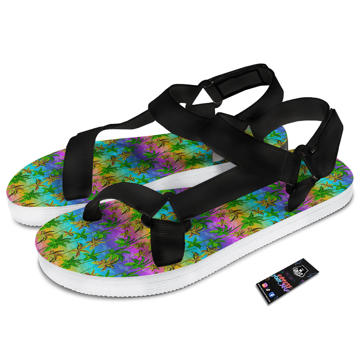Neon Palm Tree Print Pattern Black Open Toe Sandals-grizzshop