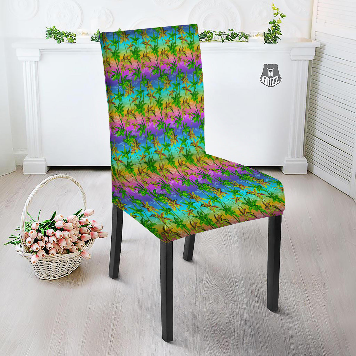 Neon Palm Tree Print Pattern Dining Chair Slipcover-grizzshop