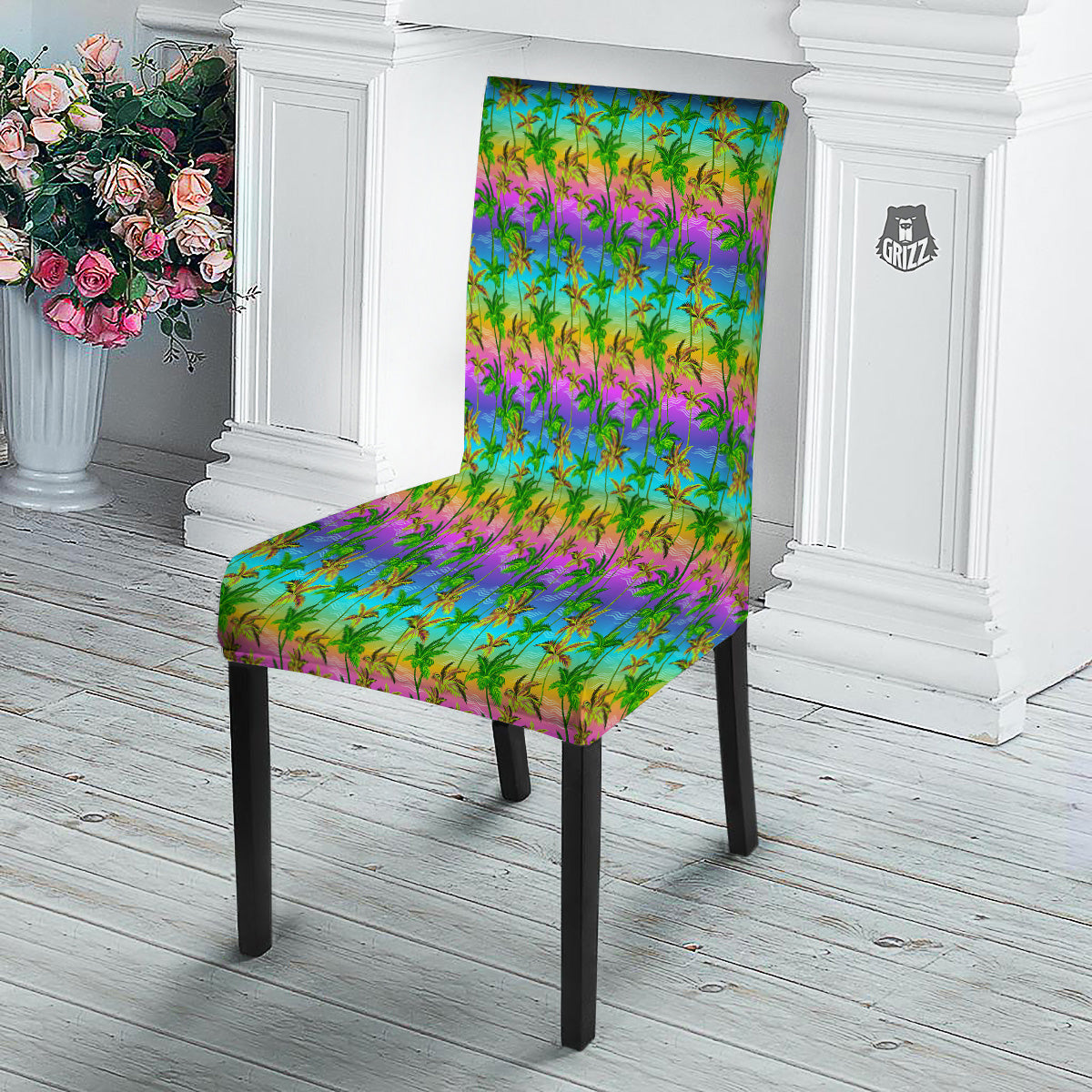 Neon Palm Tree Print Pattern Dining Chair Slipcover-grizzshop