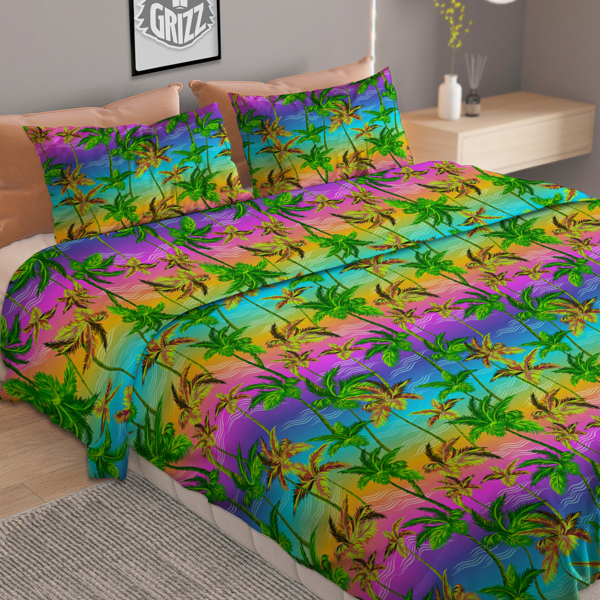 Neon Palm Tree Print Pattern Duvet Cover Bedding Set
