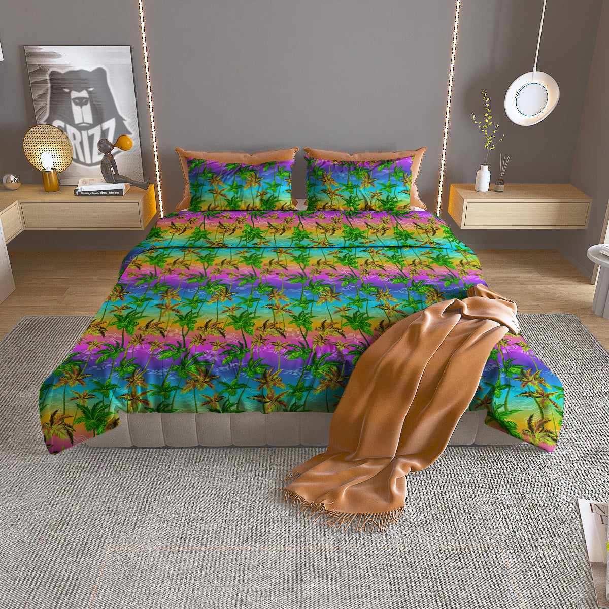 Neon Palm Tree Print Pattern Duvet Cover Bedding Set