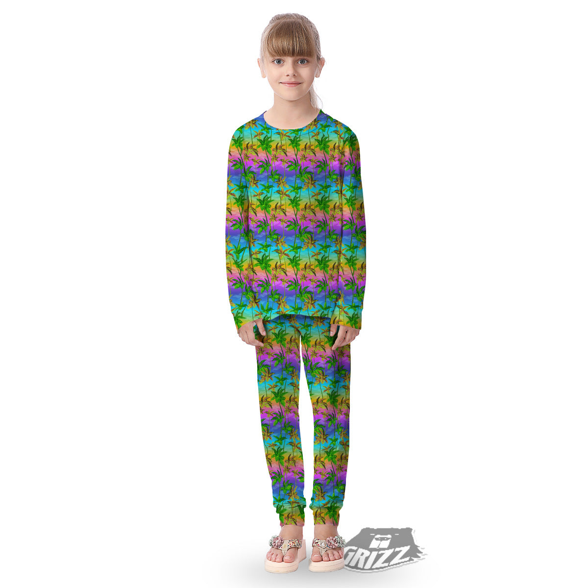 Neon Palm Tree Print Pattern Kid's Pajamas-grizzshop