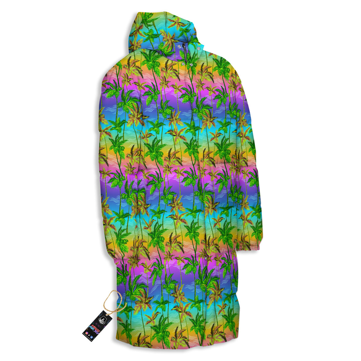 Neon Palm Tree Print Pattern Long Down Jacket-grizzshop