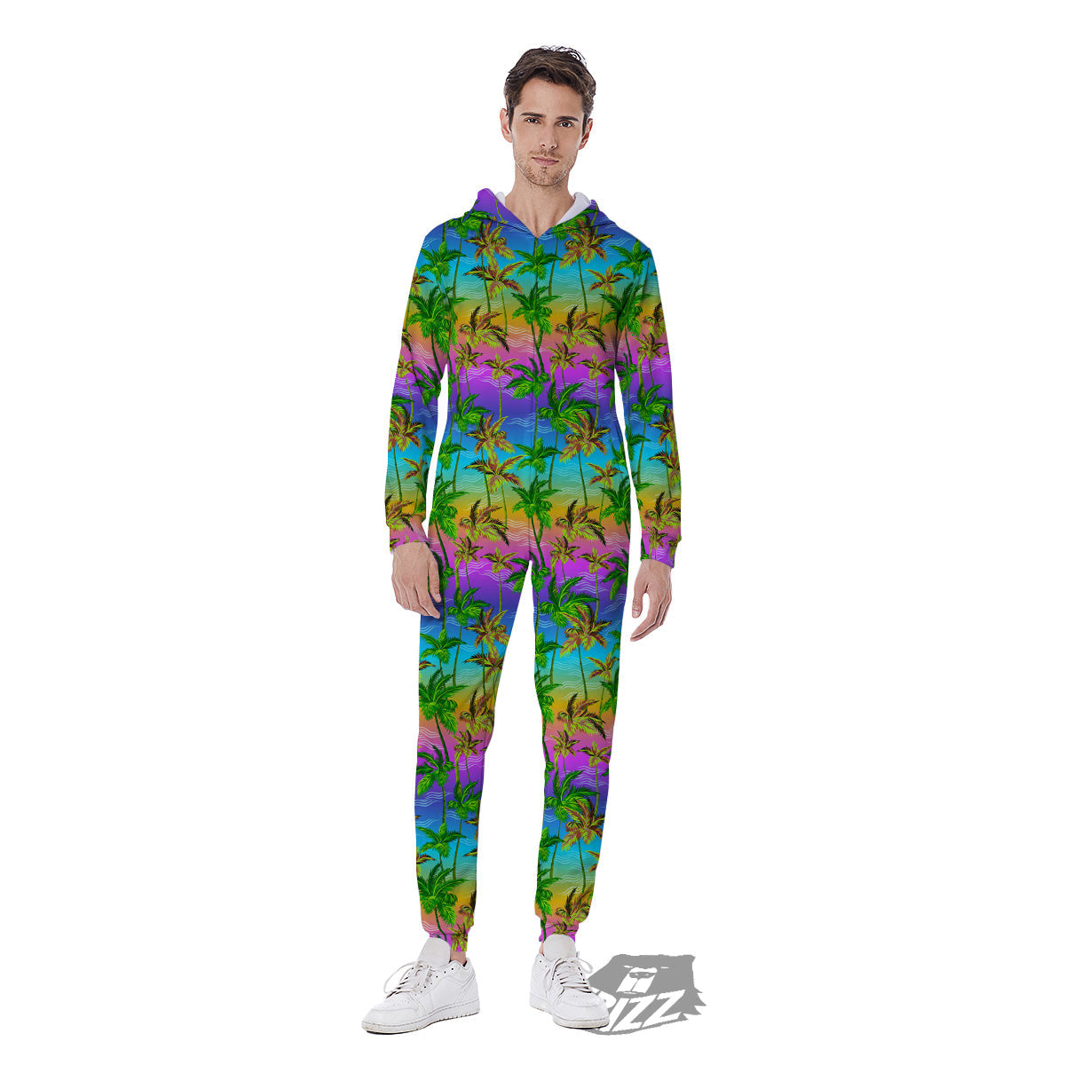 Neon Palm Tree Print Pattern Men's Jumpsuit-grizzshop