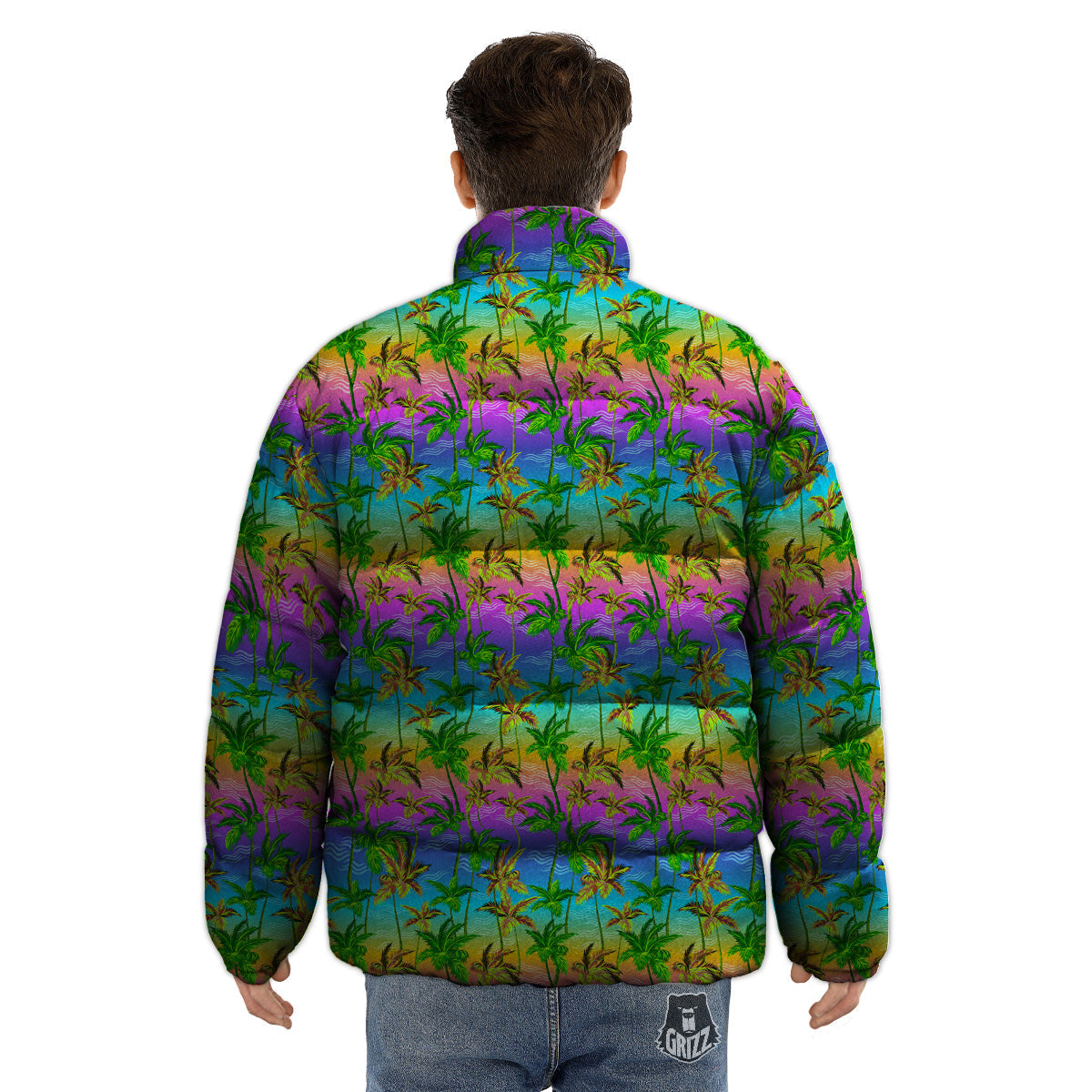 Neon Palm Tree Print Pattern Puffer Jacket-grizzshop