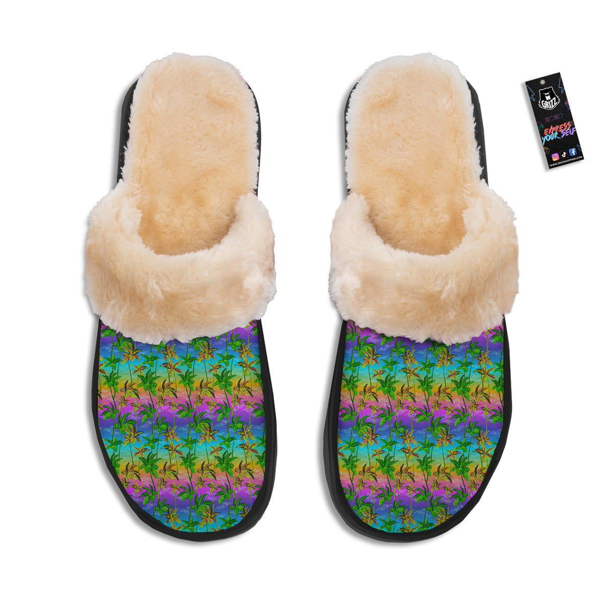 Neon Palm Tree Print Pattern Slippers-grizzshop