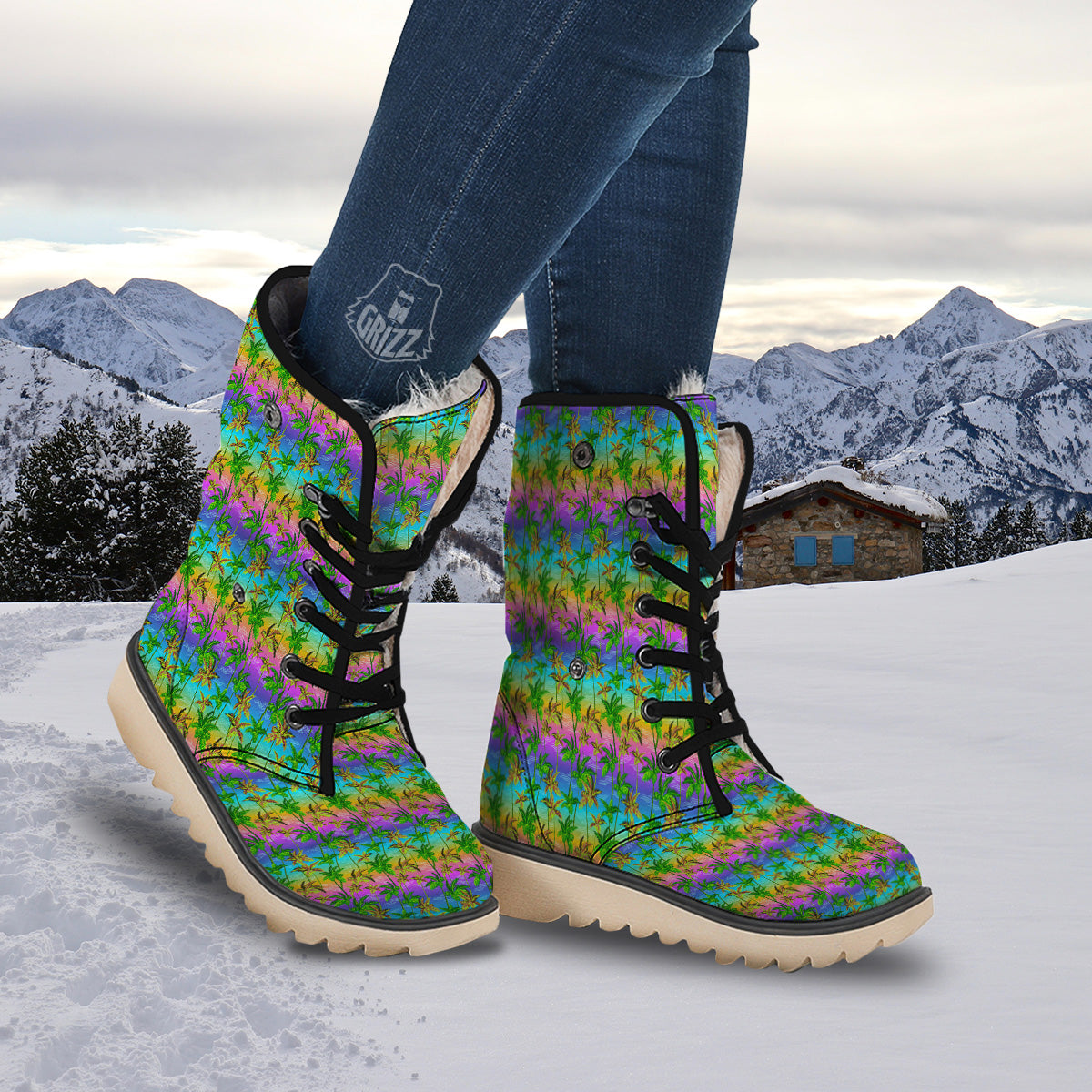 Neon Palm Tree Print Pattern Snow Boots-grizzshop