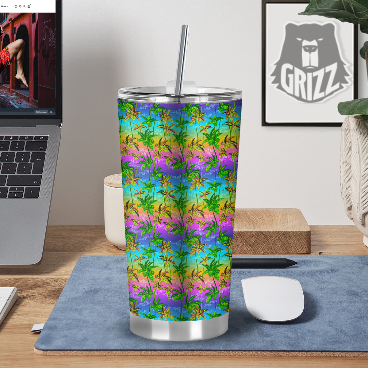 Neon Palm Tree Print Pattern Tumbler-grizzshop