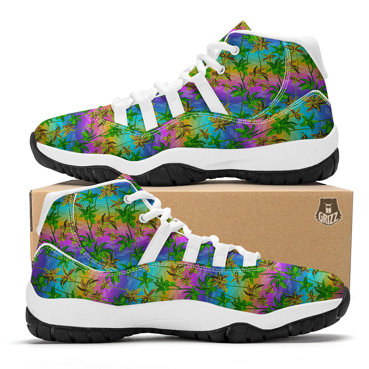 Neon Palm Tree Print Pattern White Bball Shoes-grizzshop